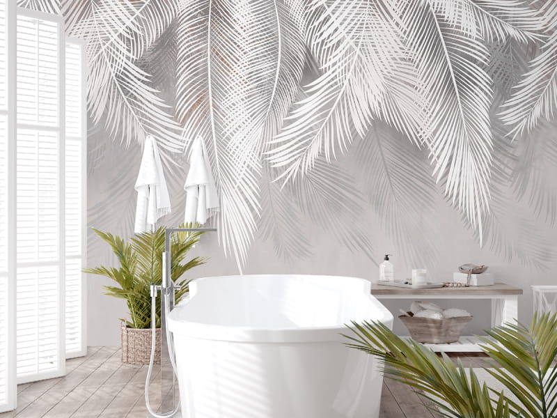 Fototapeta Puszyste liście palmowe we wnętrzu łazienki